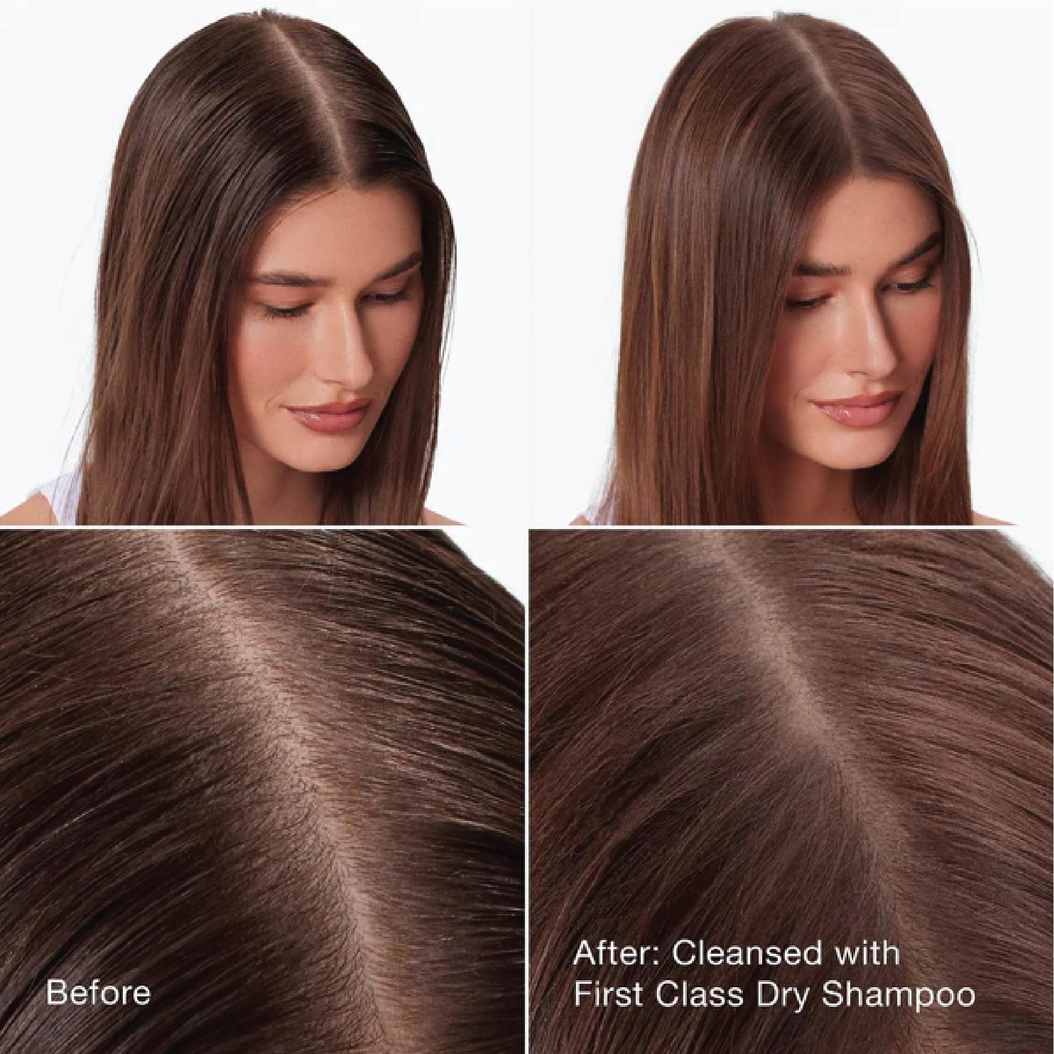 IGK First Class Detox Dry Shampoo spray-action nozzle applying product at roots.