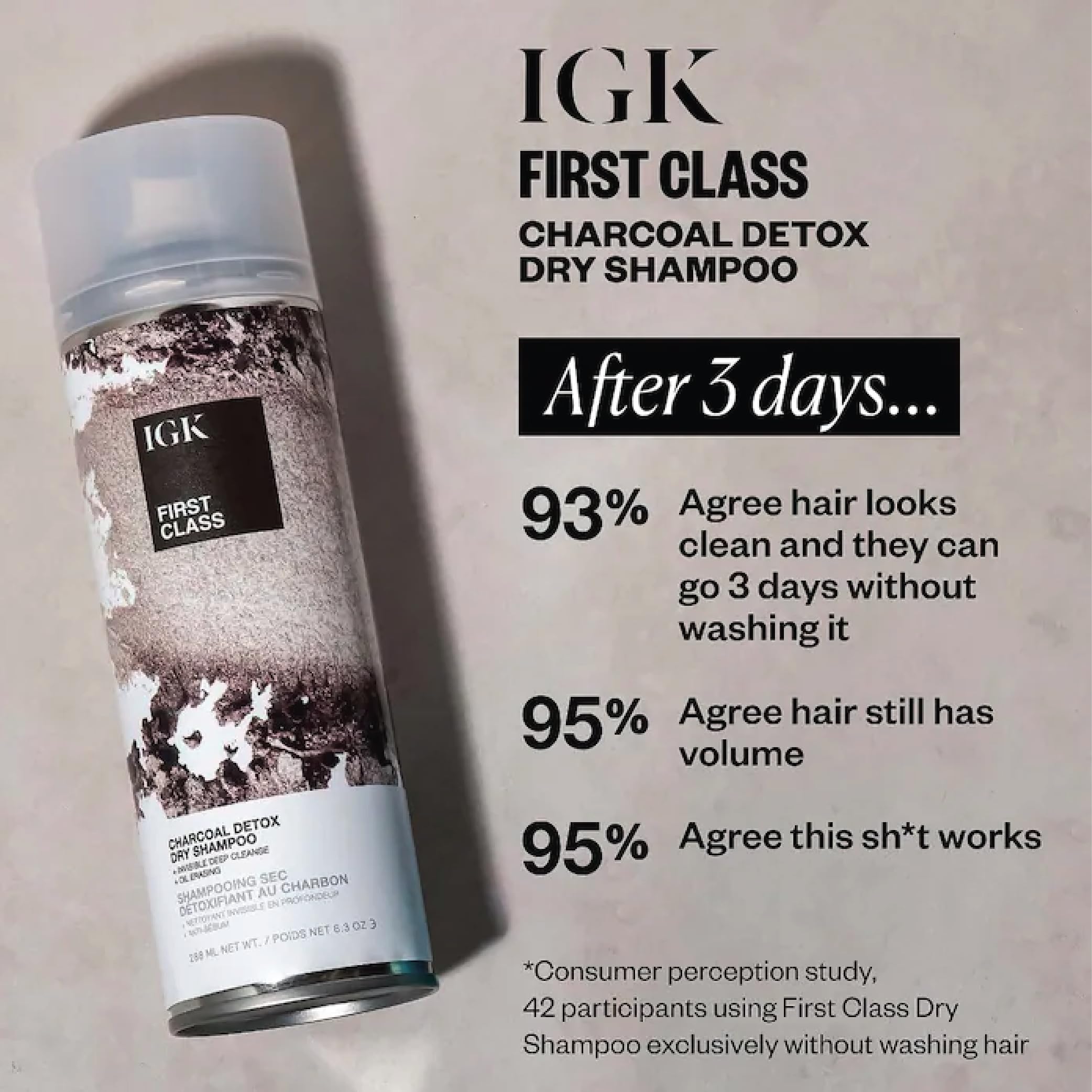 IGK First Class Detox Dry Shampoo sulfate-free label with vegan and gluten-free icons.
