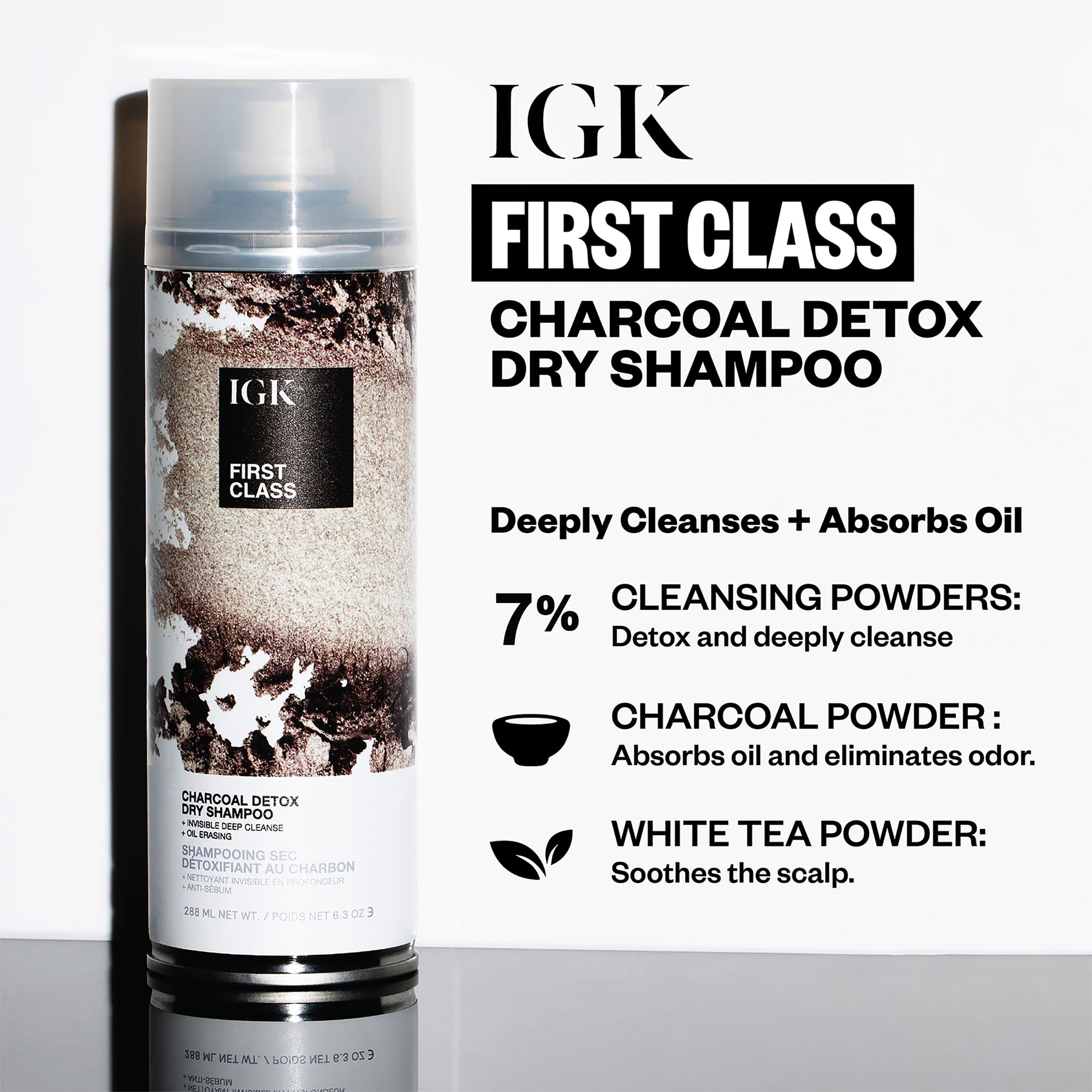 IGK shampoo bottle being poured shows charcoal action delivering scalp refresh and buildup removal.