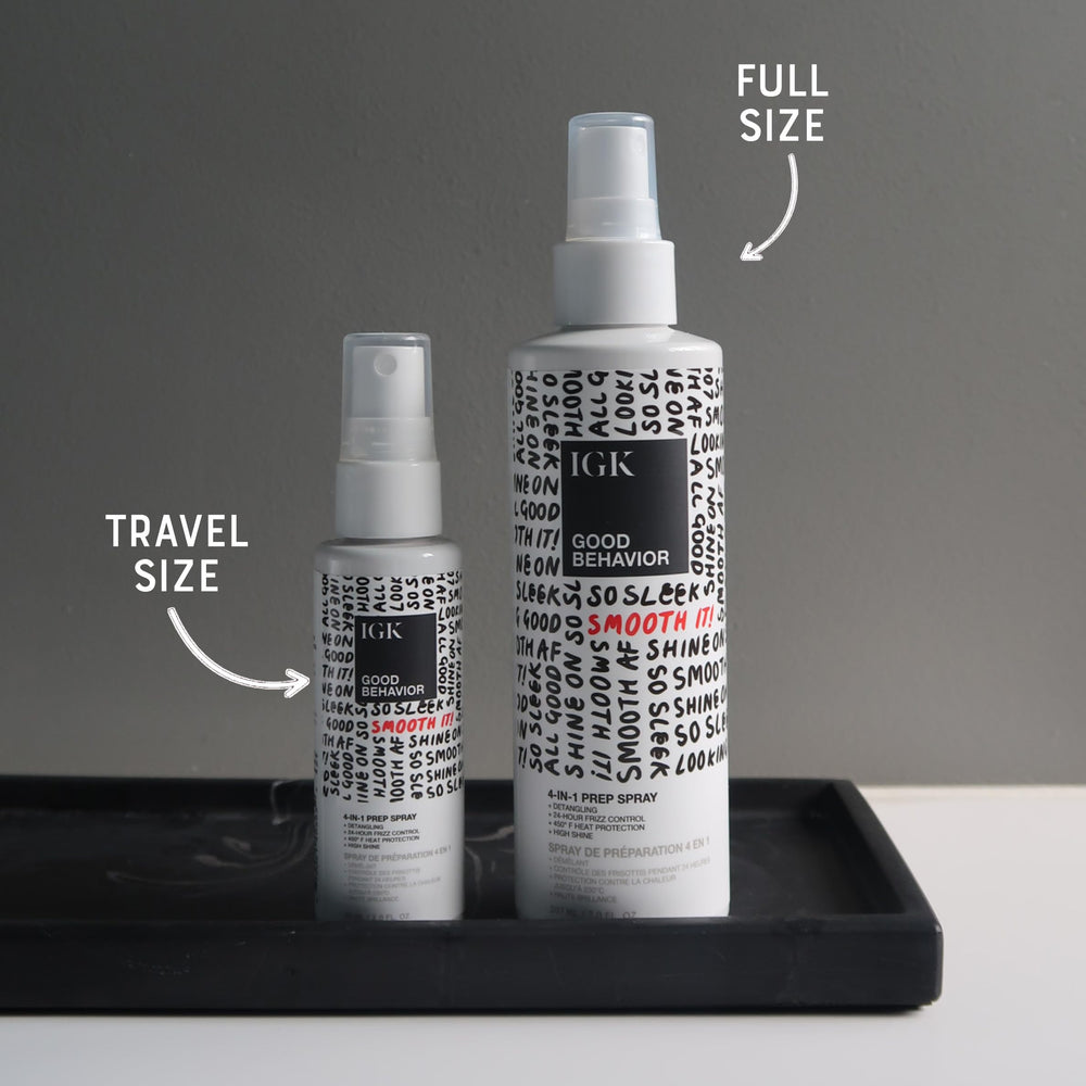 IGK Good Behavior bottle close-up demonstrates even spray for smooth application.