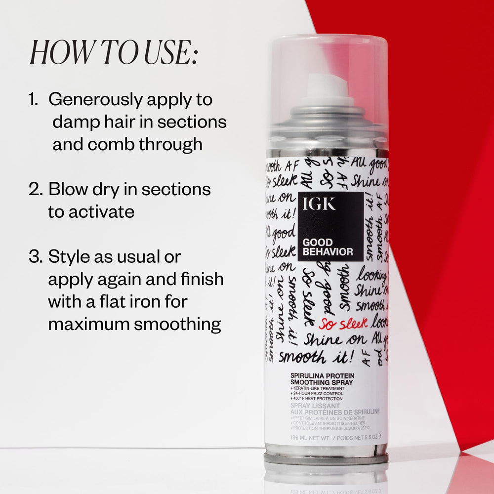 IGK GOOD BEHAVIOR formaldehyde-free bonding polymers on bottle for frizz-free shine.