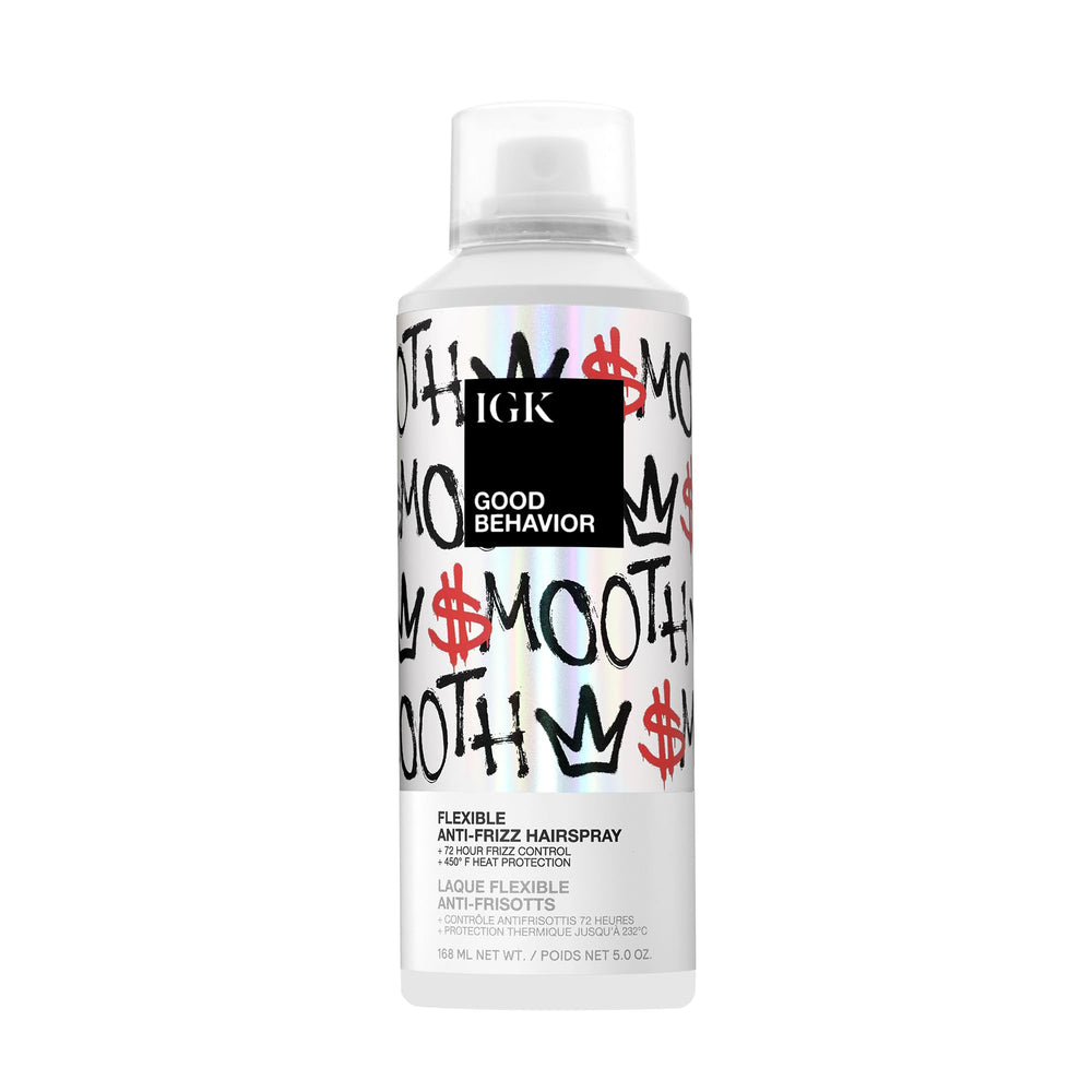 IGK GOOD BEHAVIOR hairspray bottle shows frizz control for polished brushable hair