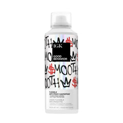 IGK GOOD BEHAVIOR hairspray bottle shows frizz control for polished brushable hair