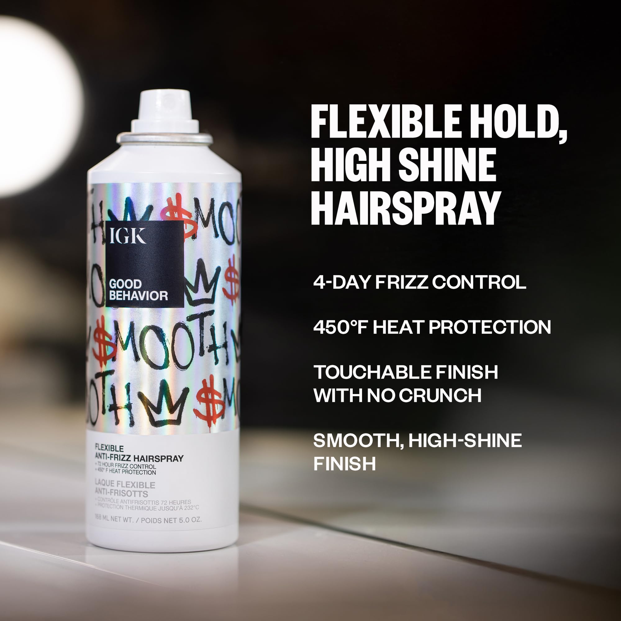 IGK GOOD BEHAVIOR hairspray bottle demonstrates 450°F heat protection for styling