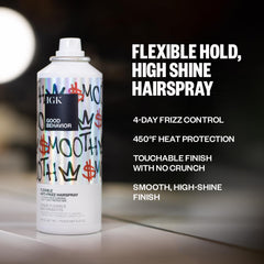 IGK GOOD BEHAVIOR hairspray bottle demonstrates 450°F heat protection for styling