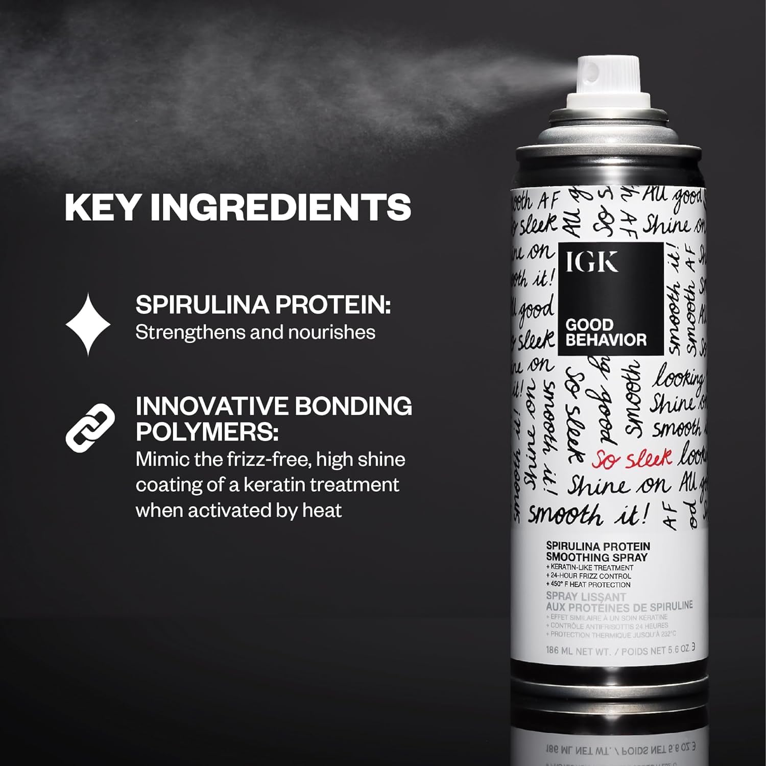 IGK GOOD BEHAVIOR smoothing spray application—mist evenly across damp hair for smoother results.