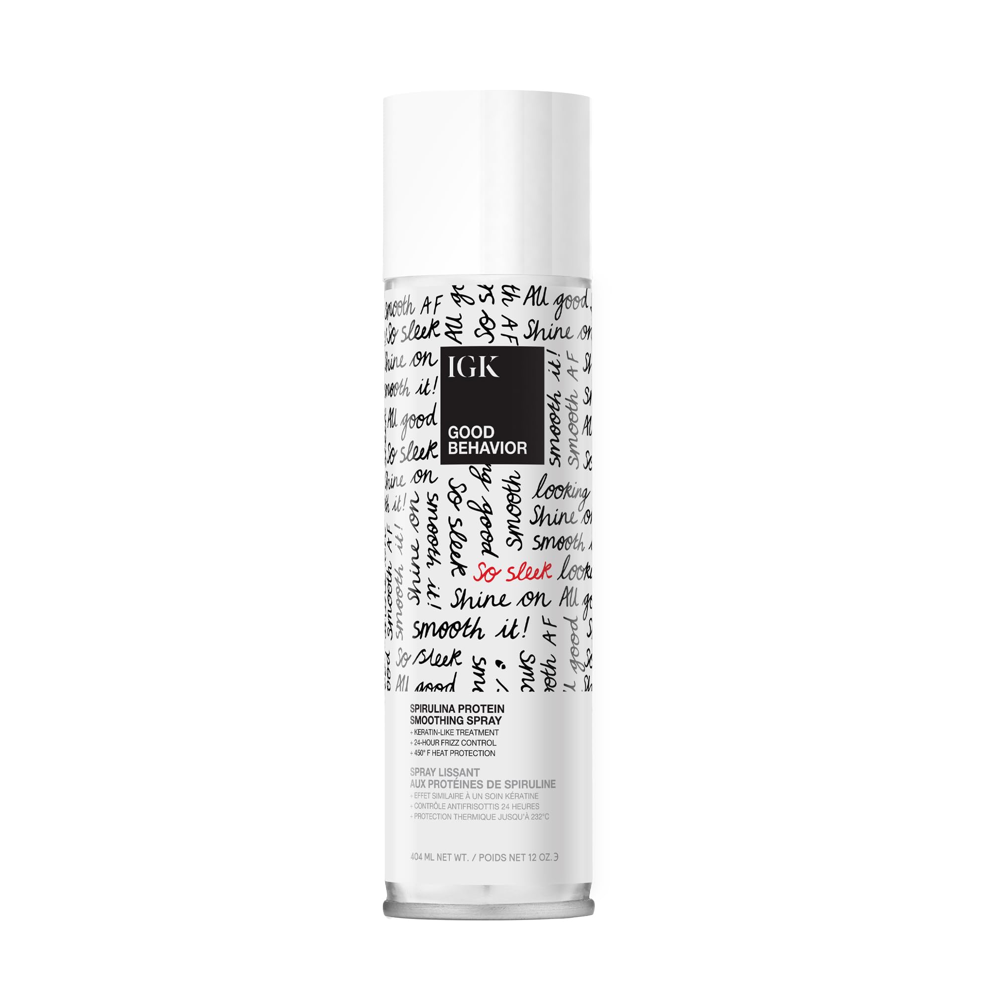 IGK Good Behavior smoothing spray bottle front showing 12 oz size for frizz control