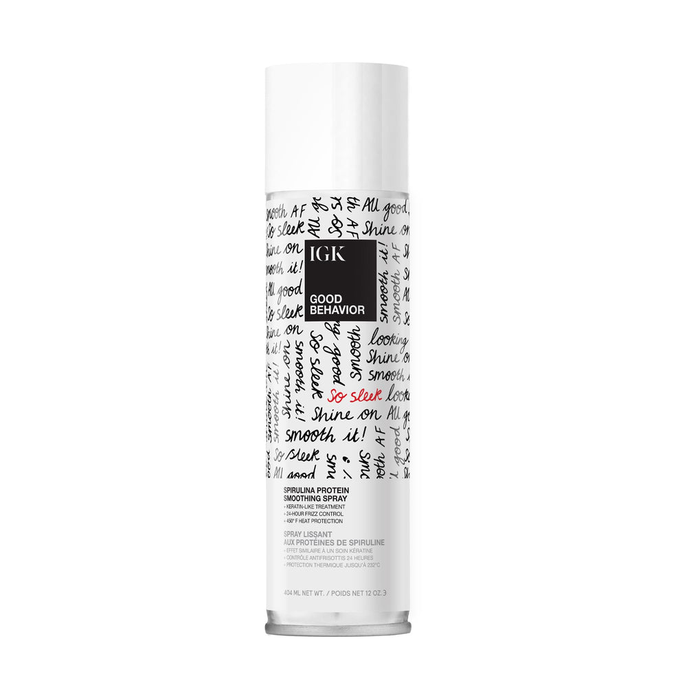 IGK Good Behavior smoothing spray bottle front showing 12 oz size for frizz control