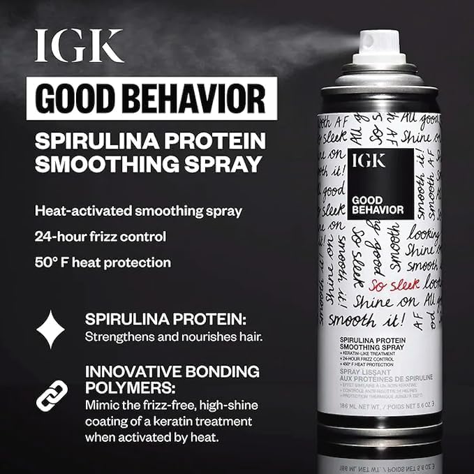 IGK Good Behavior spray dispense close-up emphasizes frizz control