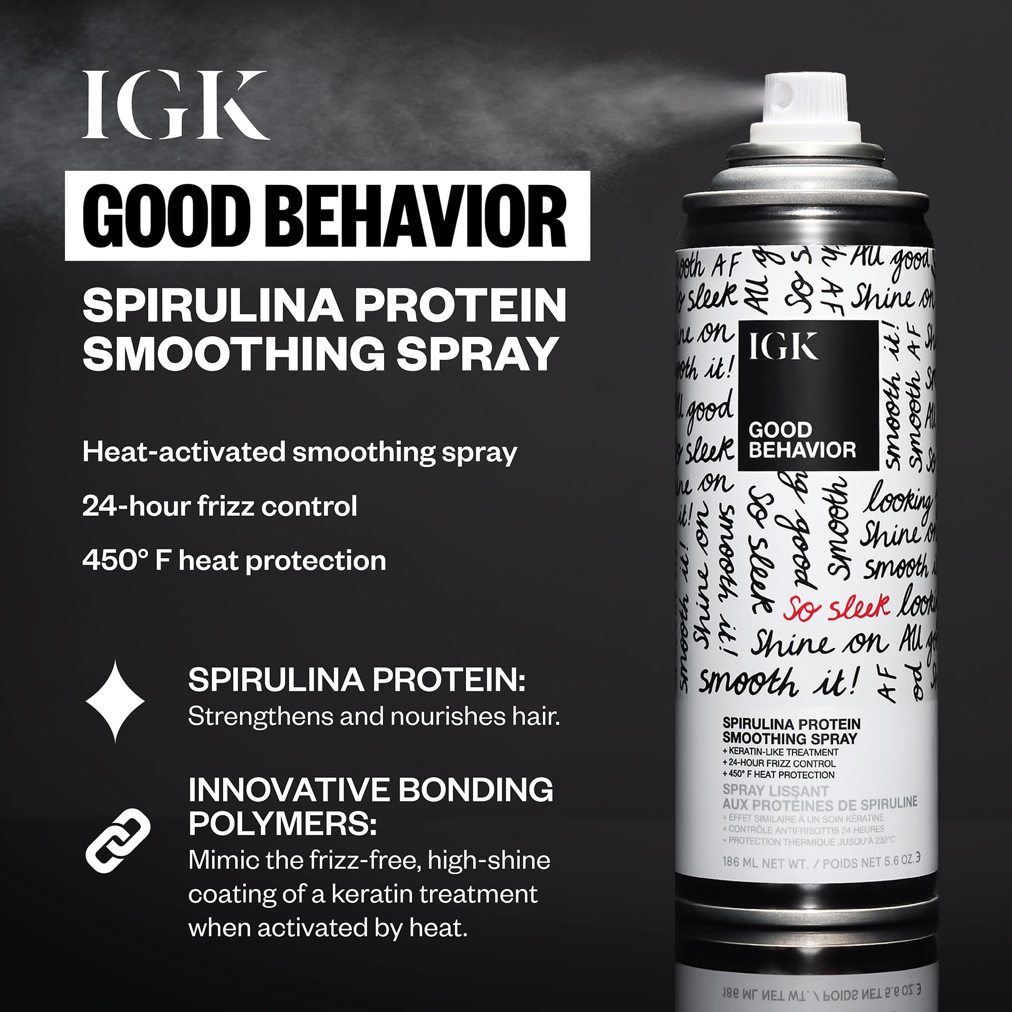 IGK Good Behavior Smoothing Spray, visual de textura de lujo, aporta suavidad y brillo.