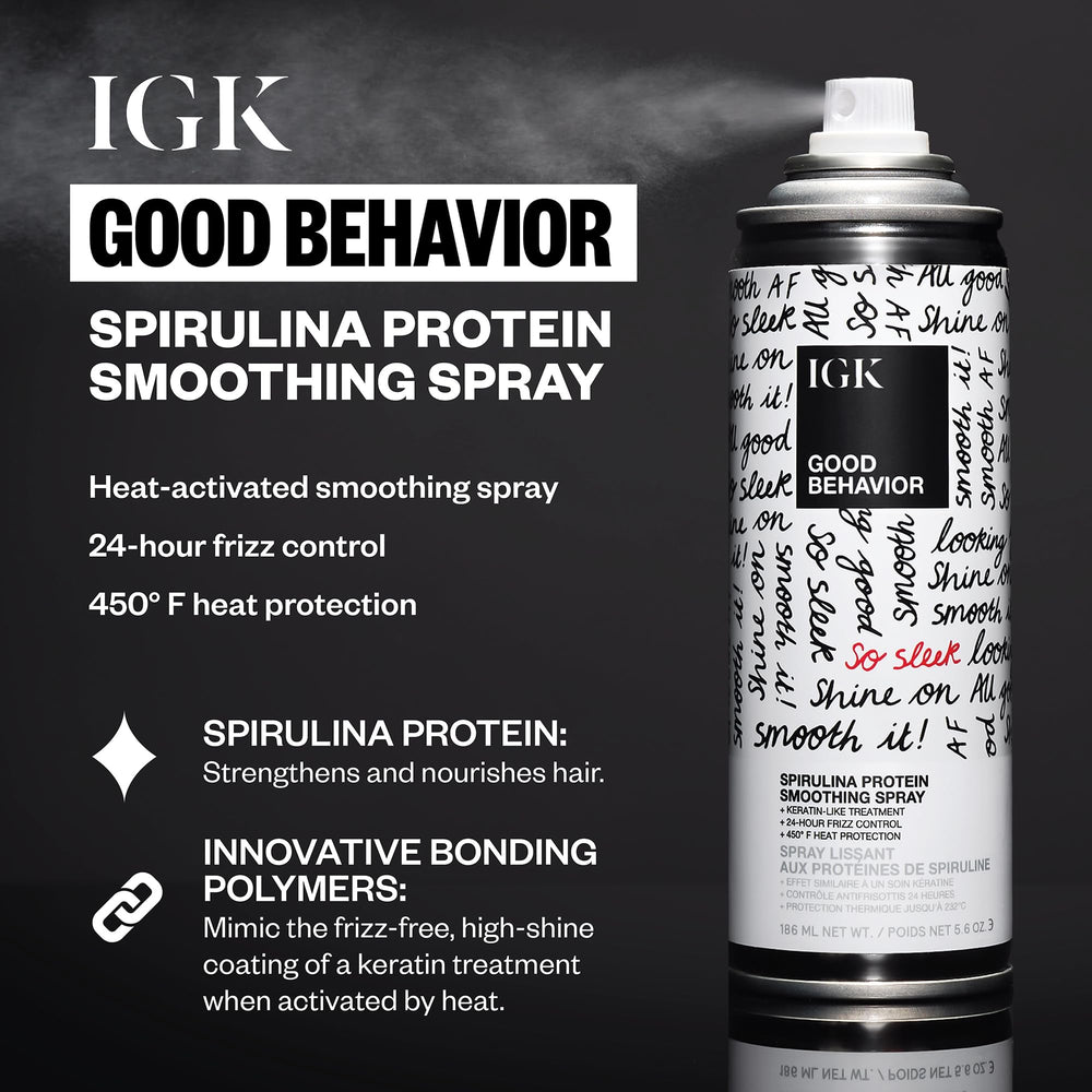 IGK Good Behavior Smoothing Spray, visual de textura de lujo, aporta suavidad y brillo.