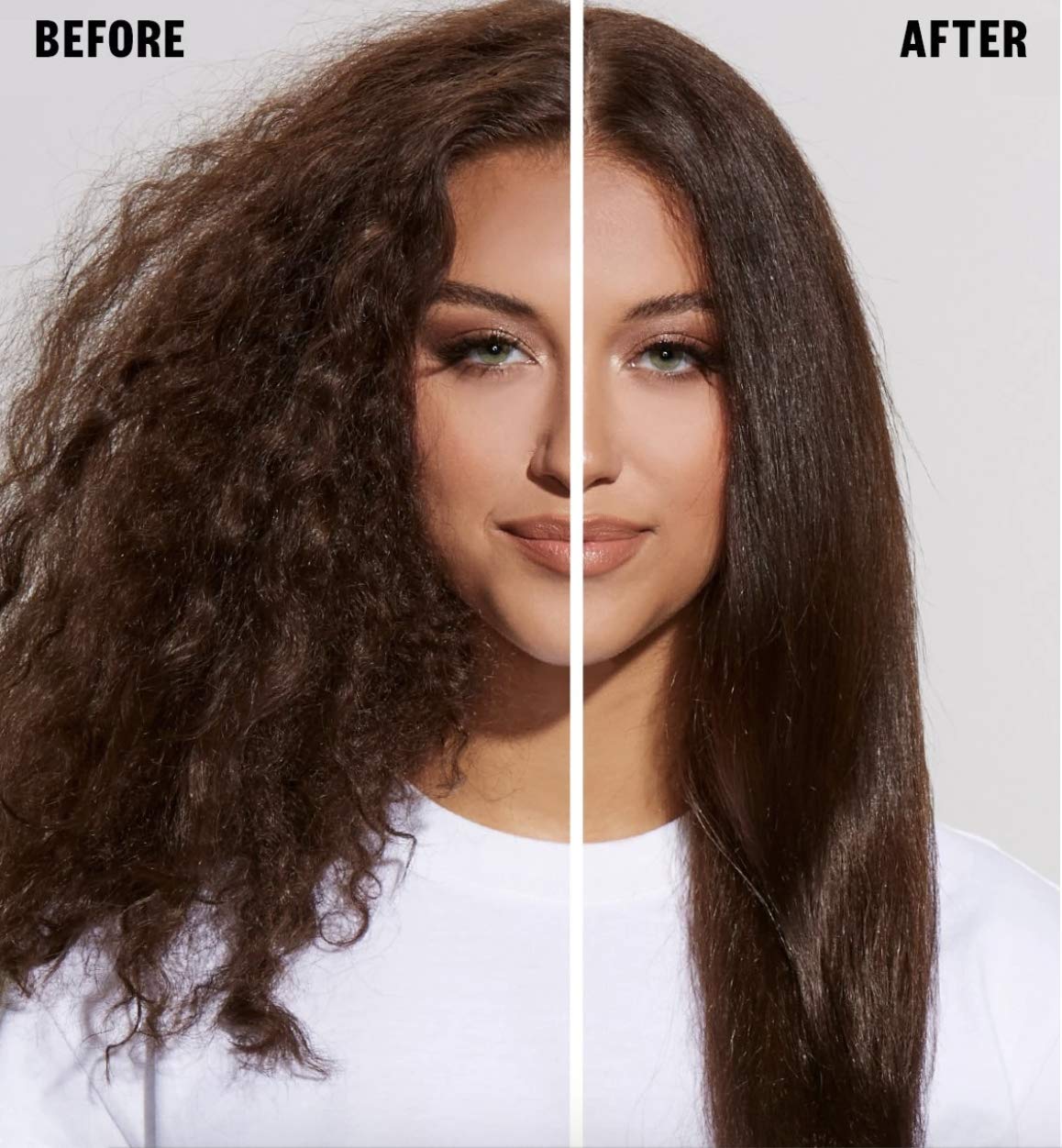 IGK Good Behavior before-and-after shot shows frizz control and sleek shine.