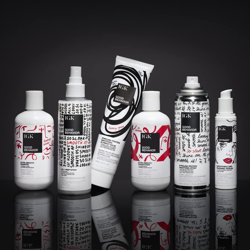 IGK Good Behavior balm on damp hair smooths during blow-drying.