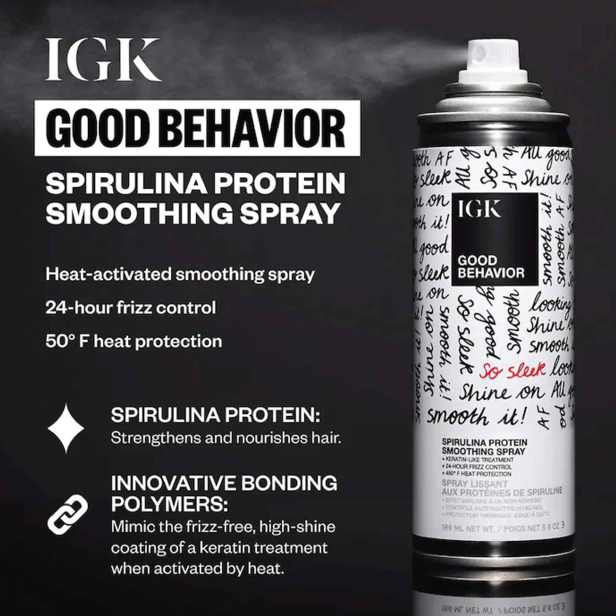 IGK Good Behavior Spirulina spray bottle emphasizes smoothing and shine.