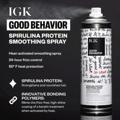 IGK Good Behavior Spirulina spray bottle emphasizes smoothing and shine.