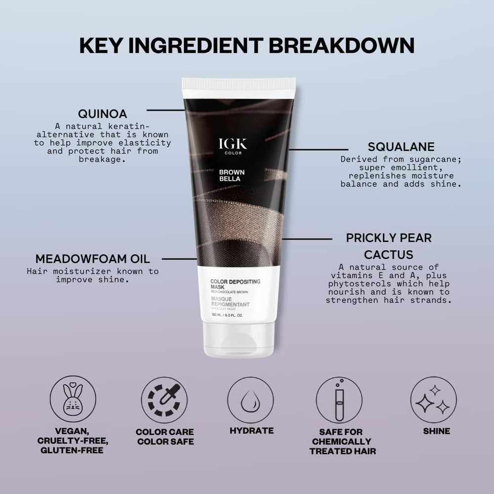 IGK Chocolate Brown vegan cruelty-free label on packaging emphasizes ethical beauty.