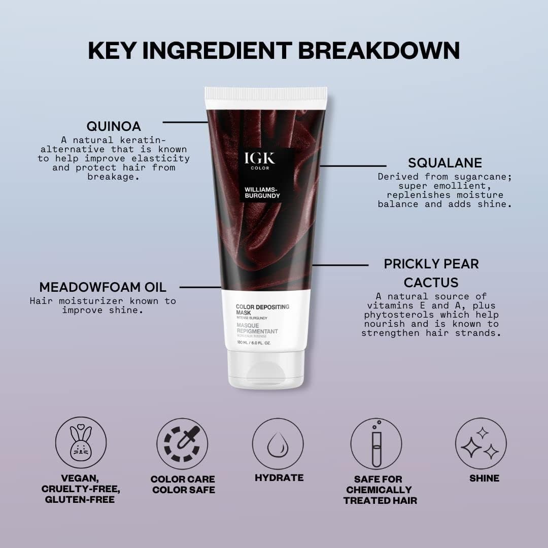 IGK Hair Gloss Toner Williams Burgundy ingredients-squalane care hydrates and rehydrates hair.