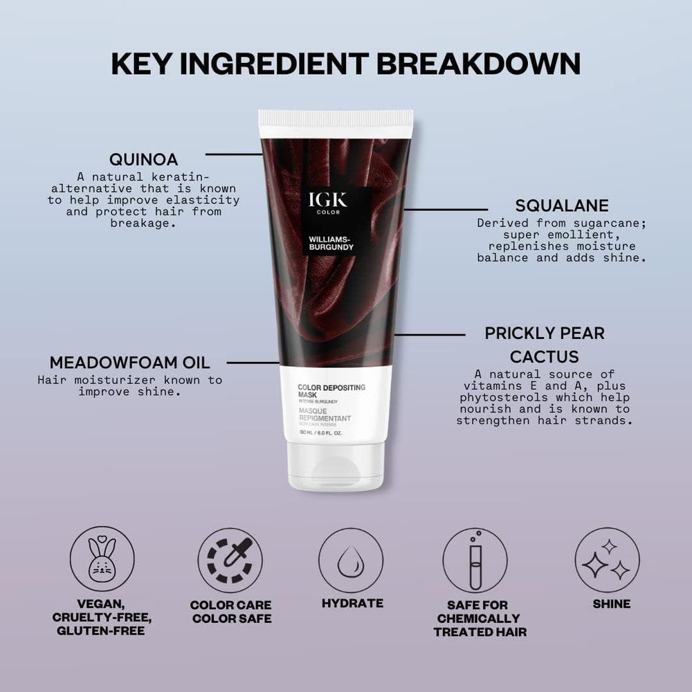 IGK Hair Gloss Toner Williams Burgundy ingredients-squalane care hydrates and rehydrates hair.