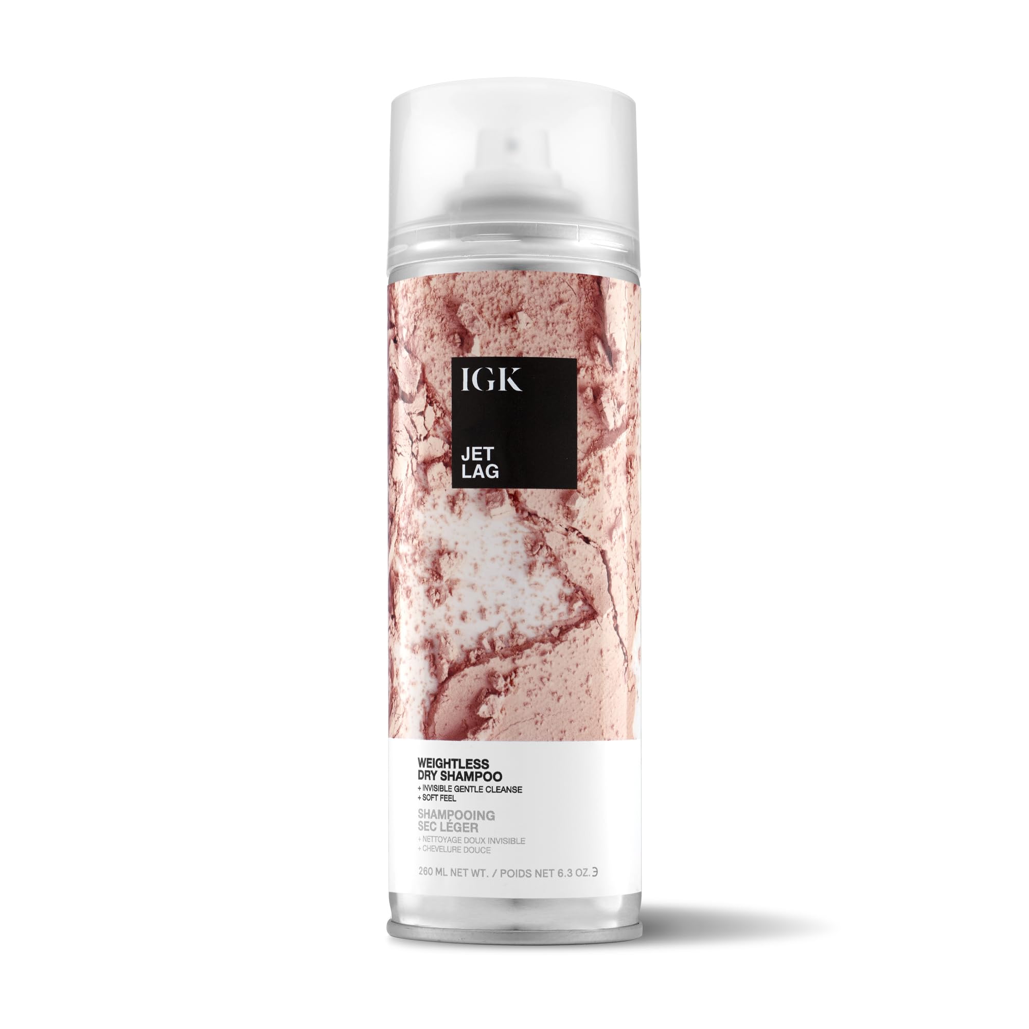 IGK Jet Lag dry shampoo bottle illustrating weightless cleansing for refreshed style between blowouts