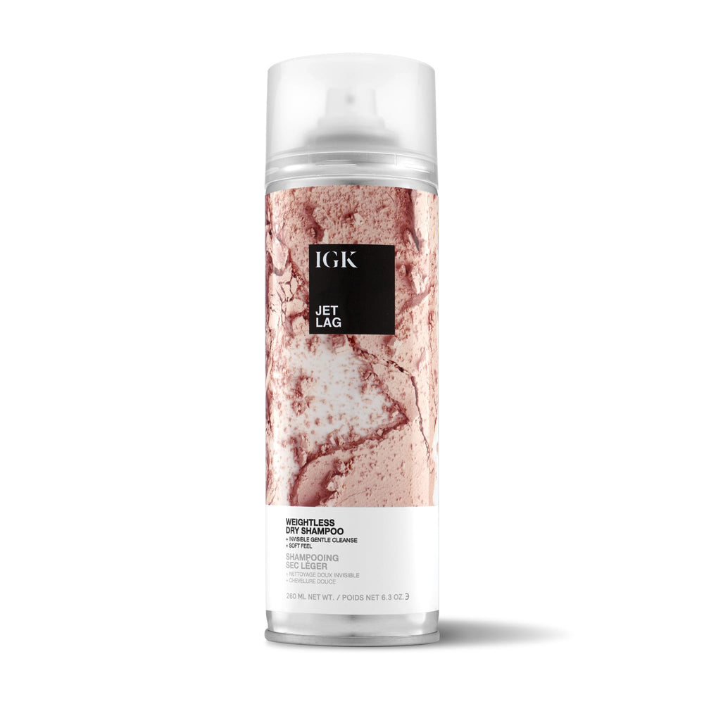 IGK Jet Lag dry shampoo bottle illustrating weightless cleansing for refreshed style between blowouts