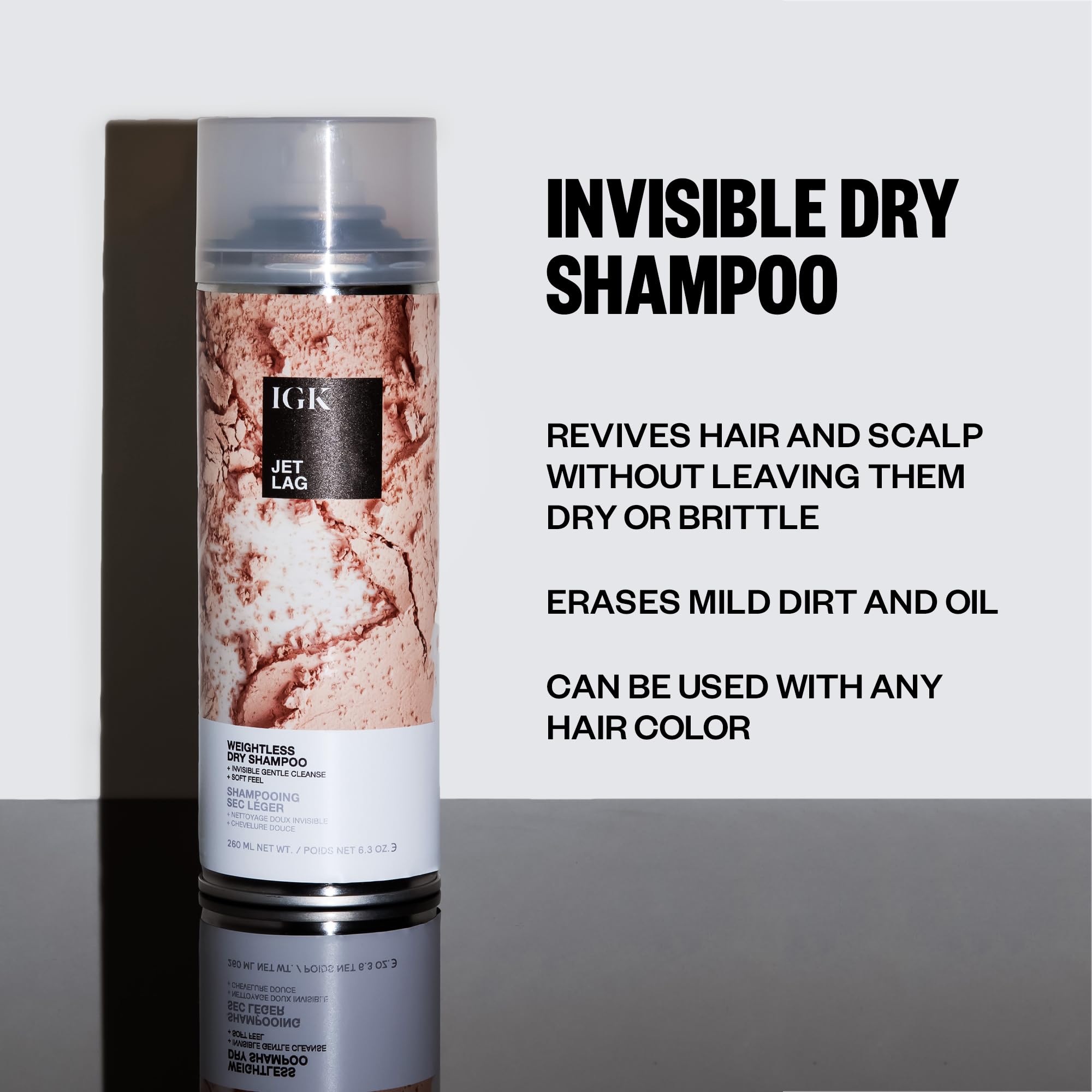 IGK Jet Lag dry shampoo dispense close-up for quick refresh between washes