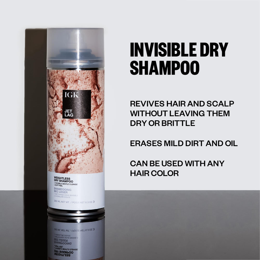 IGK Jet Lag dry shampoo dispense close-up for quick refresh between washes