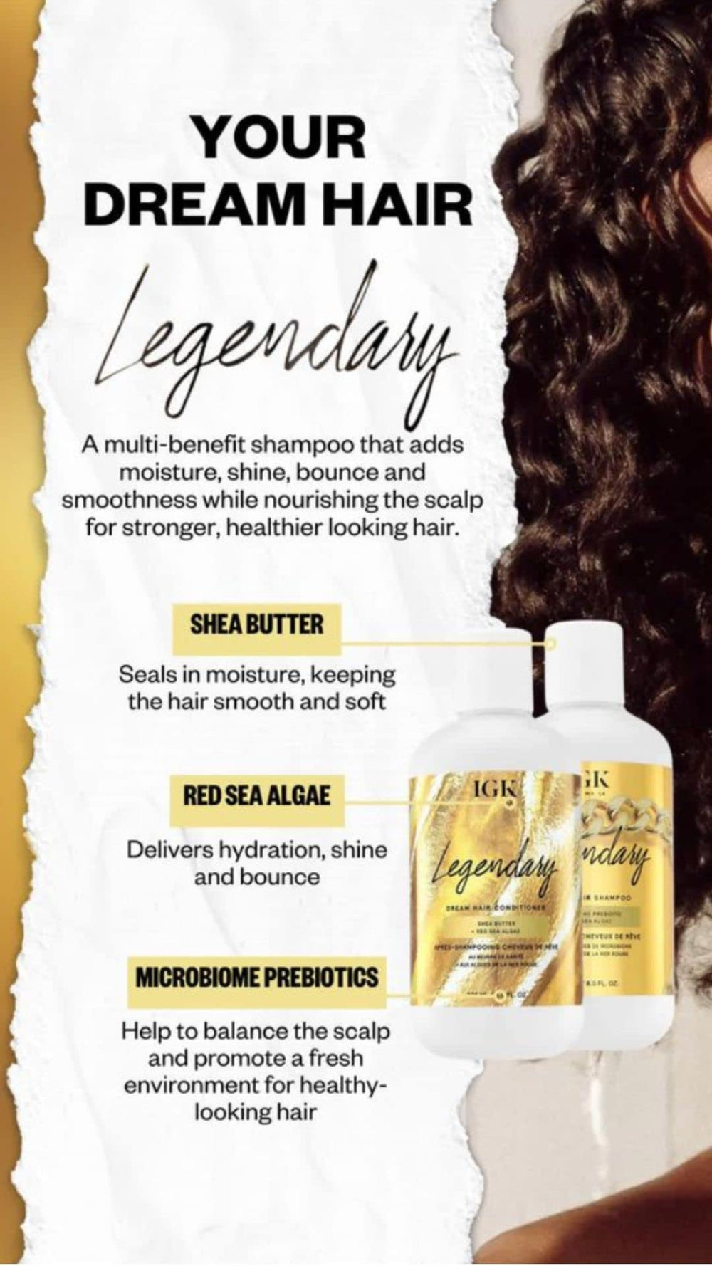 IGK Legendary Dream Hair Shampoo red sea algae image emphasizes hydration and shine.