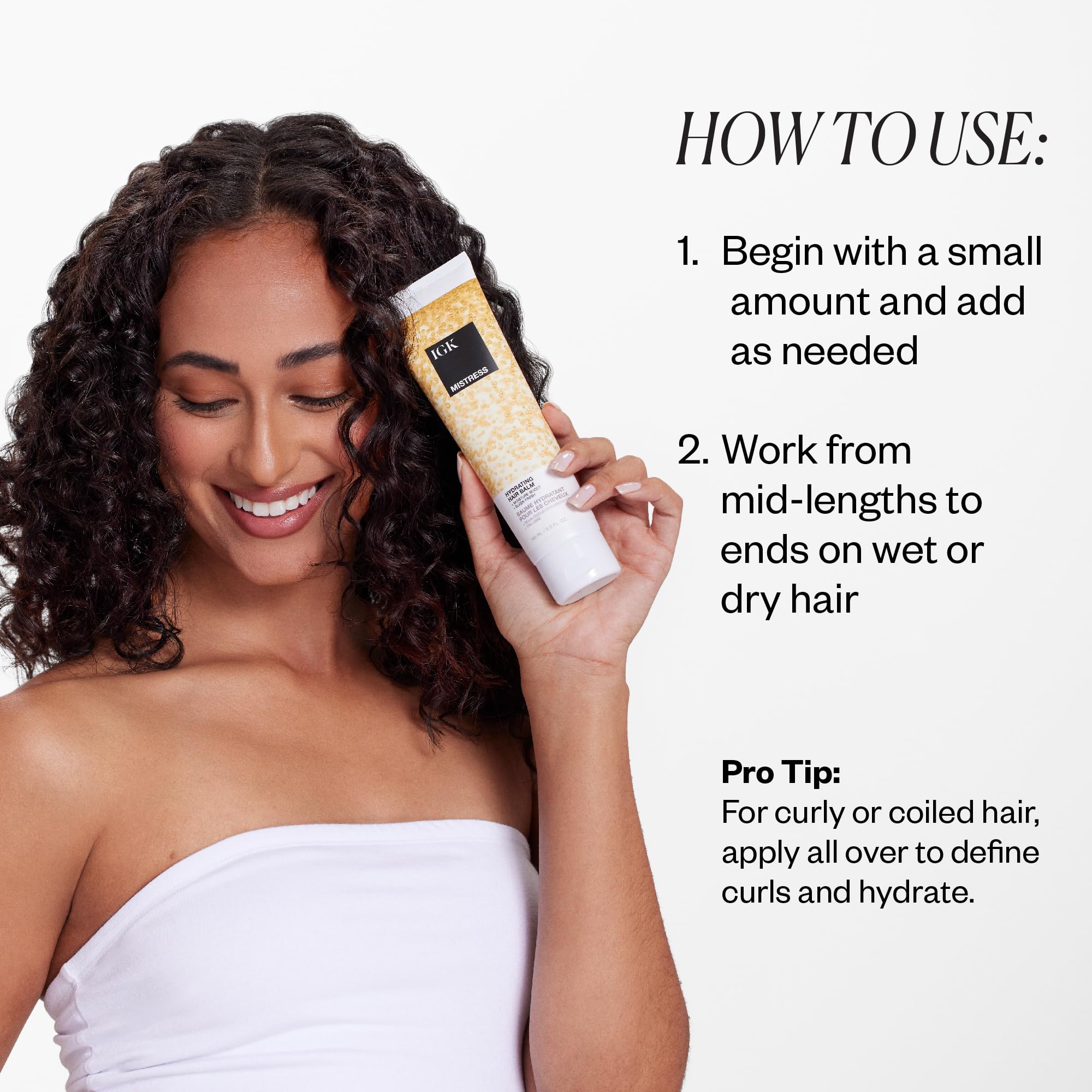 IGK MISTRESS balm promoting shine and hydration on dry ends.