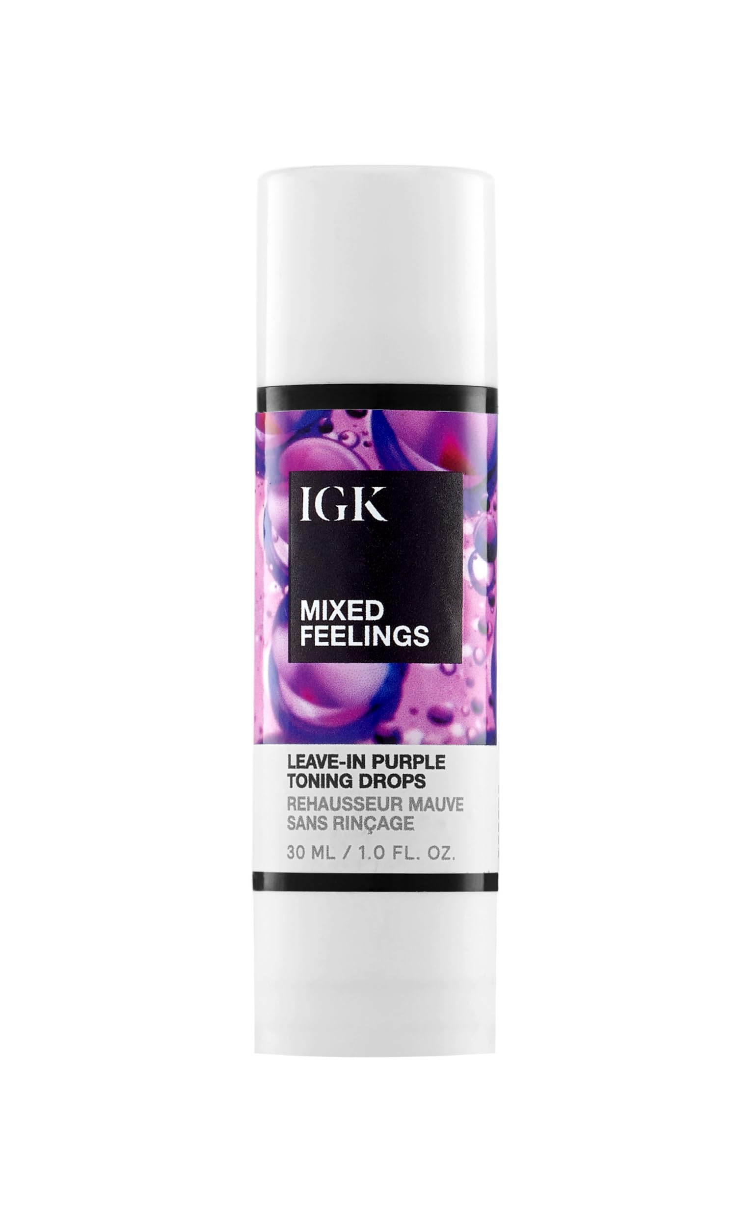 IGK Mixed Feelings drops bottle front showing purple toning concept to banish brass