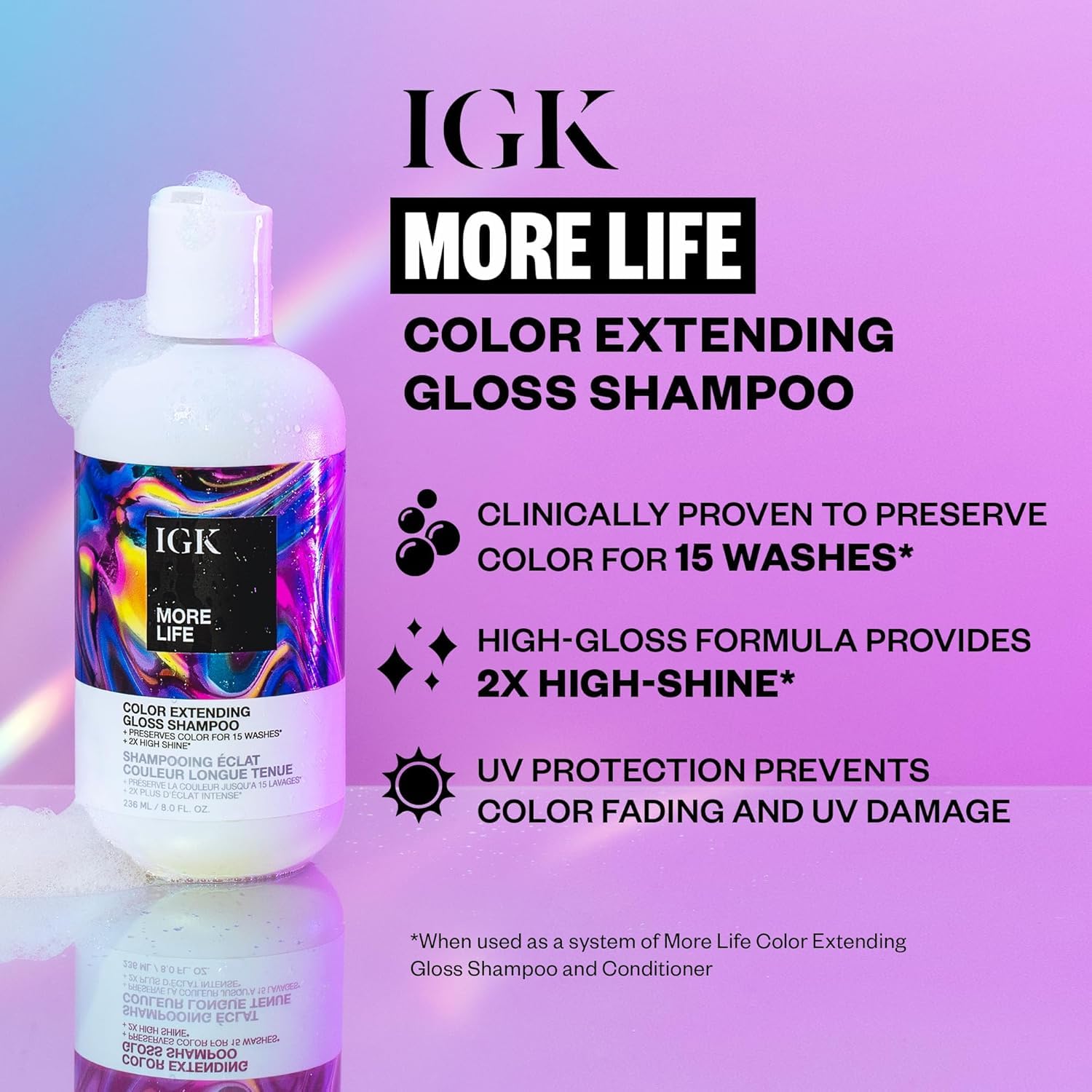IGK More Life conditioner bottle dispense delivers smooth gloss.