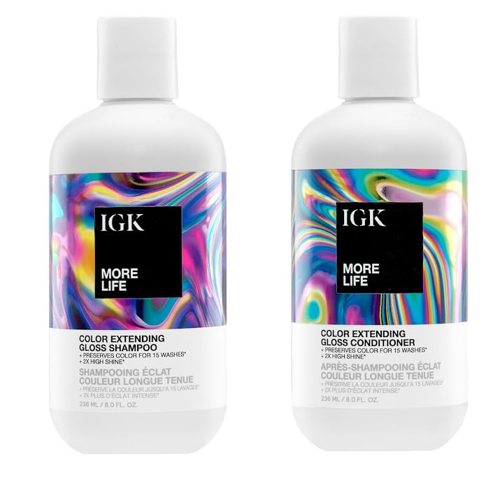 IGK More Life shampoo bottle pour shows color longevity benefits.