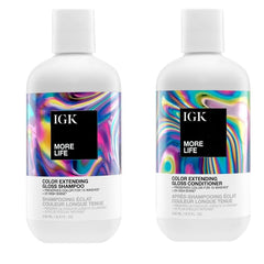 IGK More Life shampoo bottle pour shows color longevity benefits.