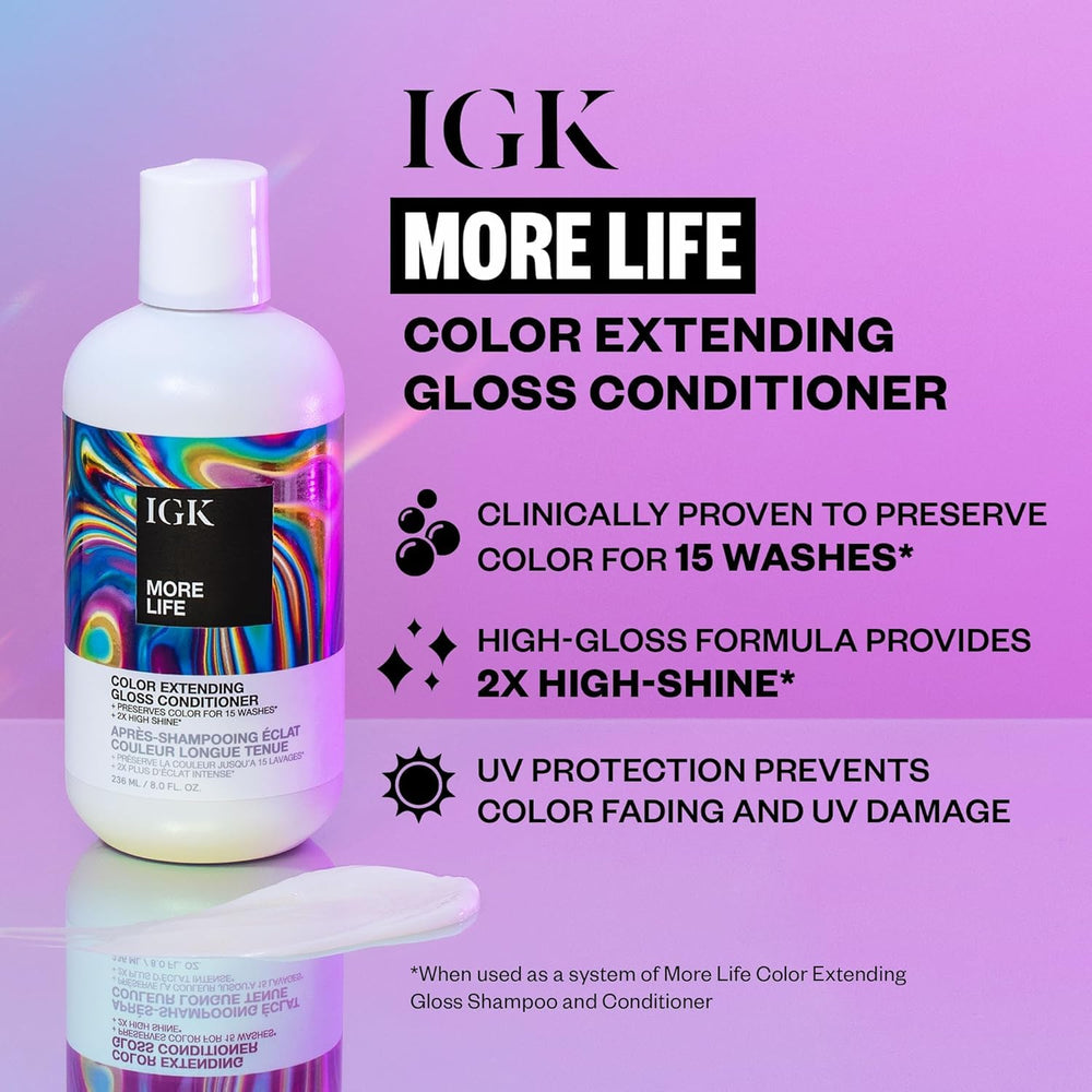 IGK More Life shampoo lather close-up highlights high shine.
