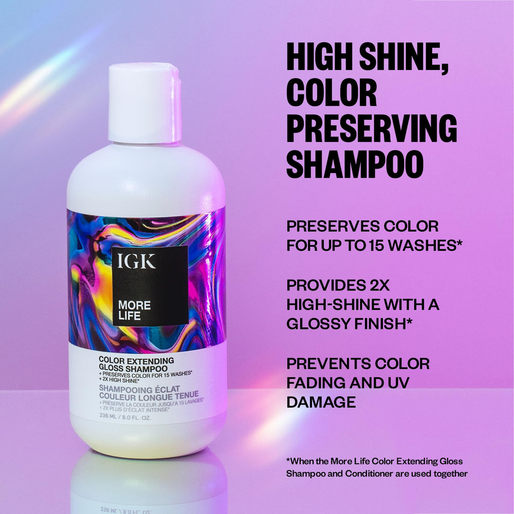 IGK More Life shampoo lather close-up illustrating gentle cleansing and gloss boost.