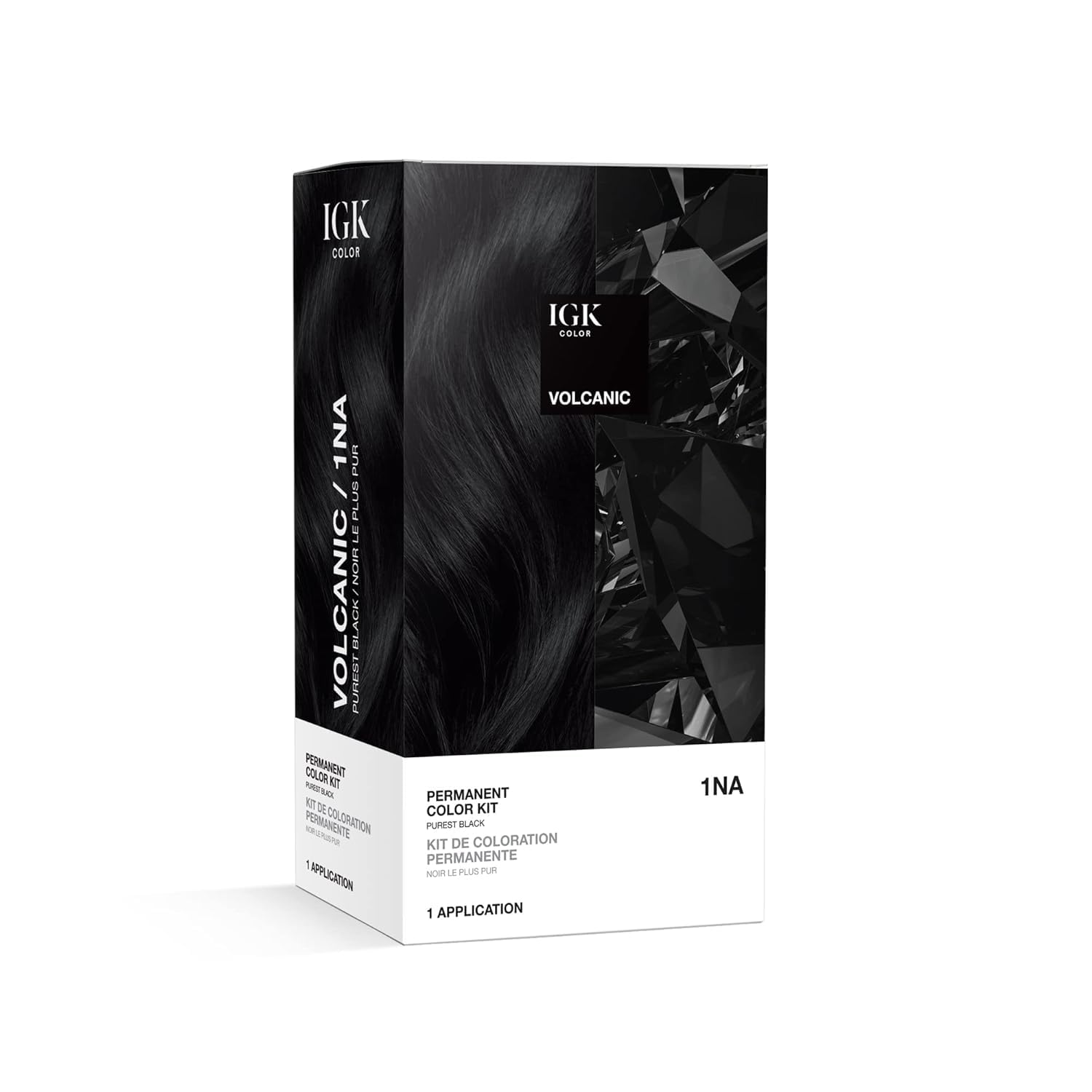 IGK Permanent Color Kit 1NA Volcanic bottle demonstrates salon-grade color prep.