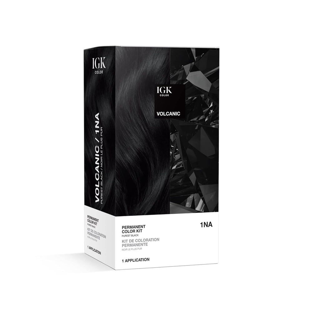 IGK Permanent Color Kit 1NA Volcanic bottle demonstrates salon-grade color prep.