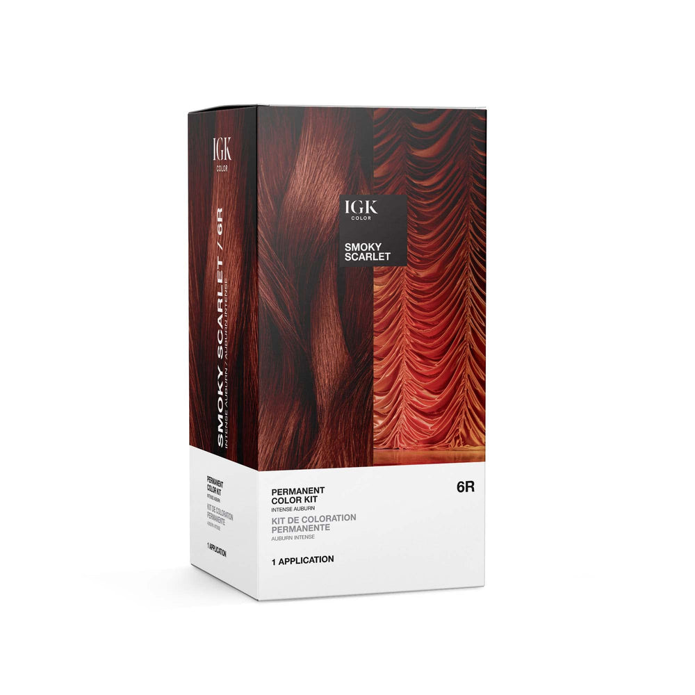 IGK color kit packaging shows smoky scarlet shade for vibrant coverage