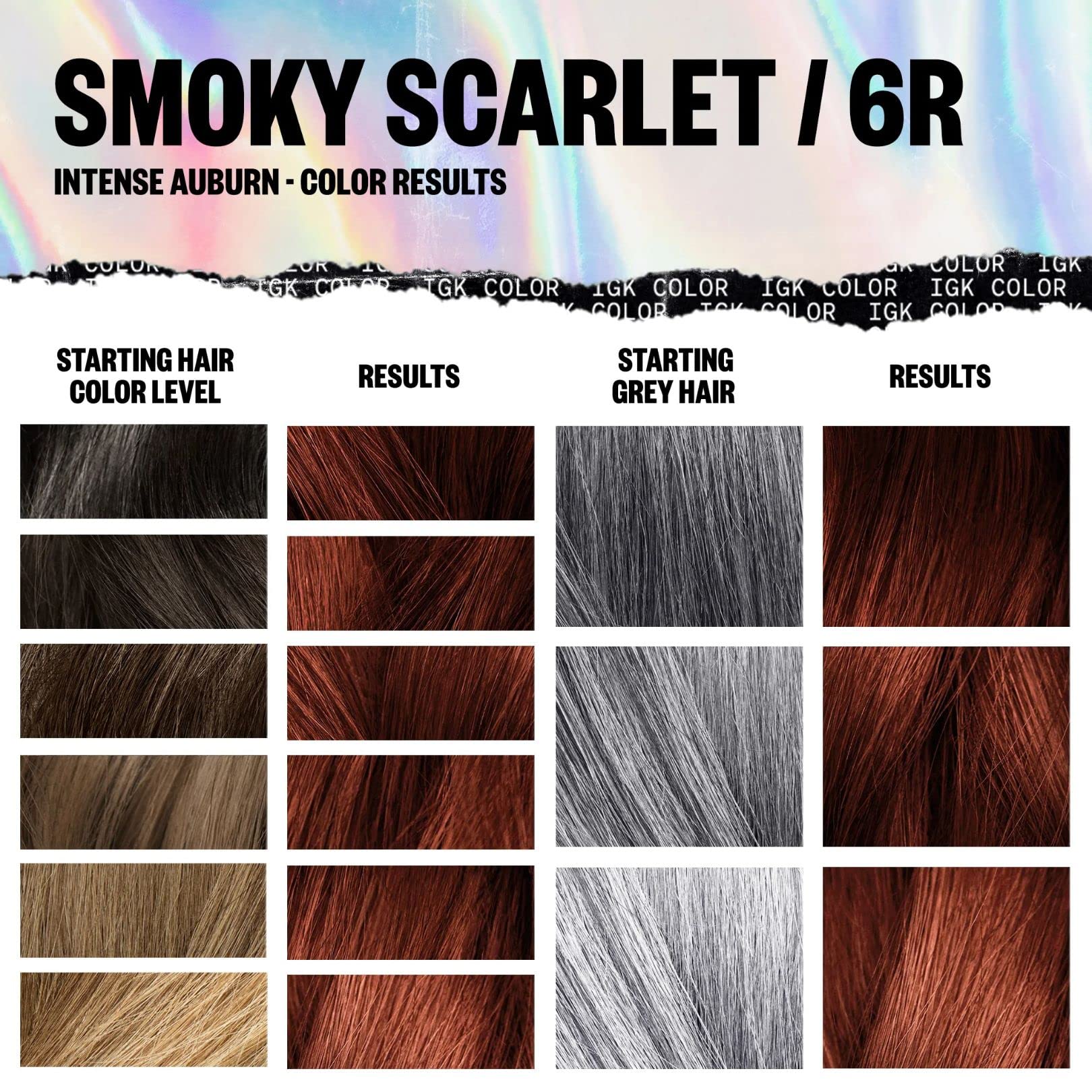 IGK smoky scarlet on hair sample demonstrates root-to-tip vibrancy