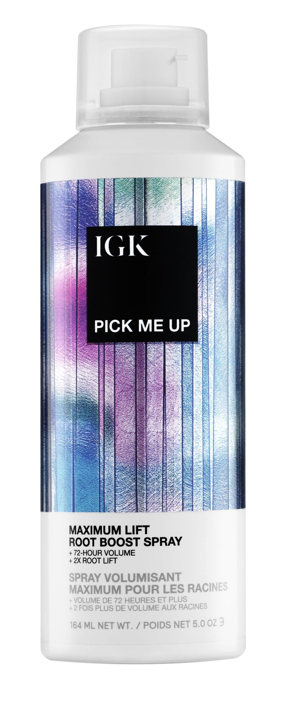 IGK Pick Me Up root lift spray bottle demonstrates instant lift for fuller-looking roots.