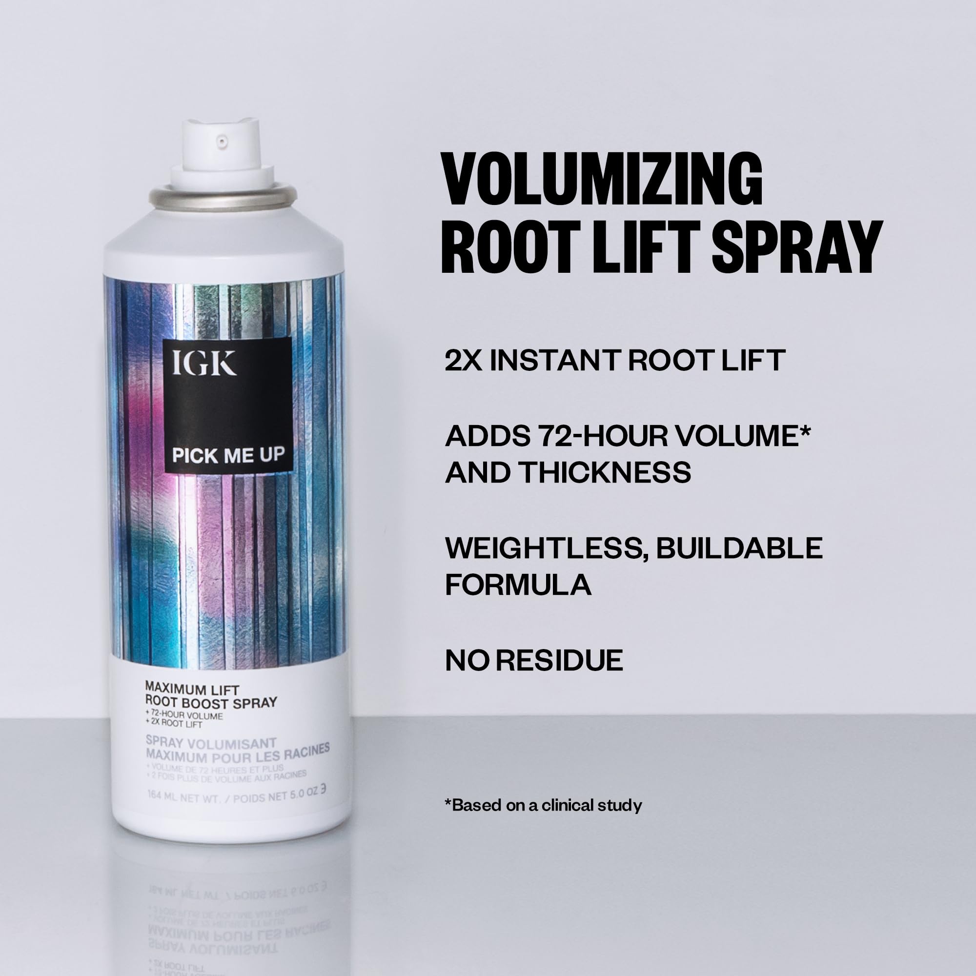 IGK Pick Me Up spray-dispense shows even, buildup-free application for day-long volume.
