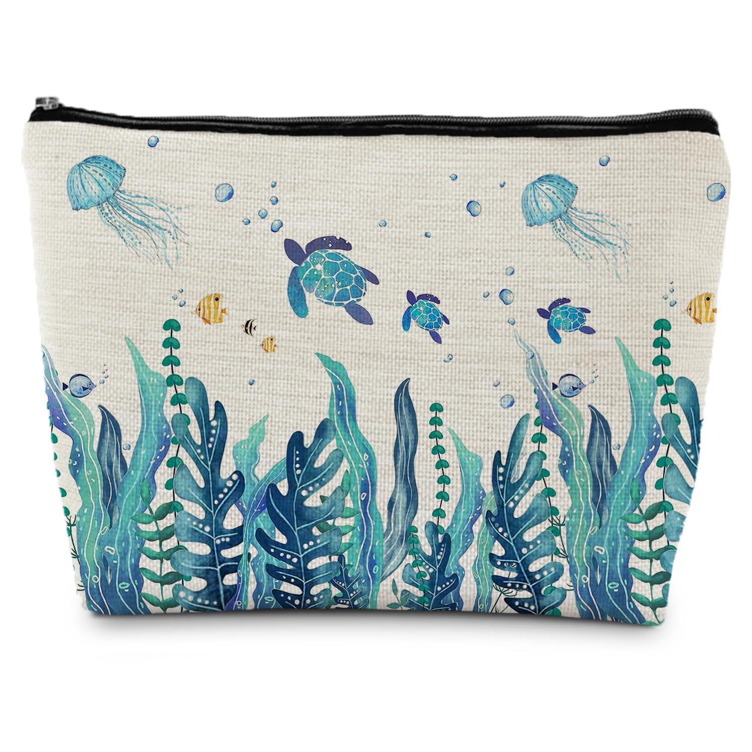 Ignytiger Sea Turtle makeup bag closeup shows durable linen and coastal style for daily use.
