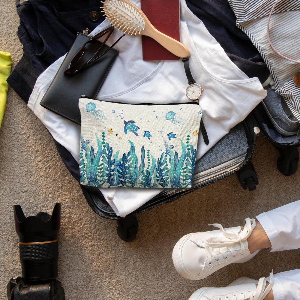Ignytiger Sea Turtle makeup bag on a shelf demonstrates organized storage for on the go grooming.