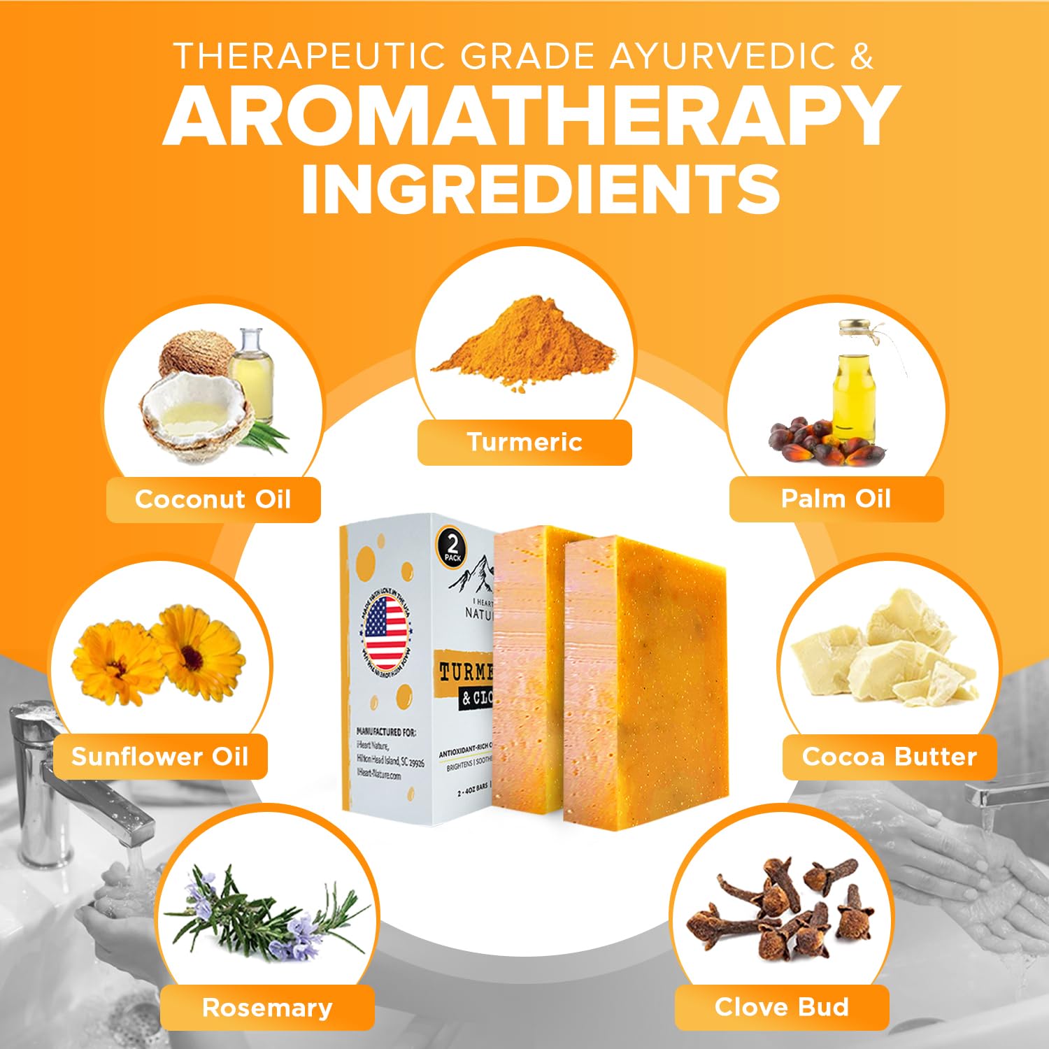 iHeart Nature turmeric soap bar closeup-texture highlights natural formula for smooth skin