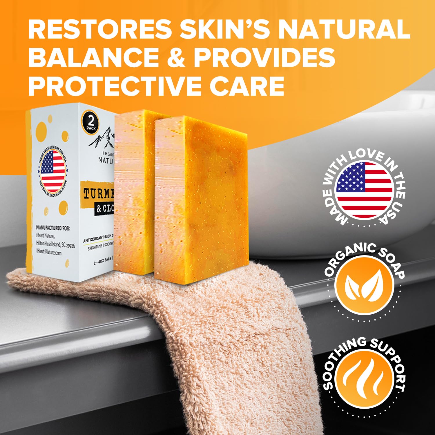iHeart Nature turmeric soap bubbles closeup with rich lather for hydrating cleansing
