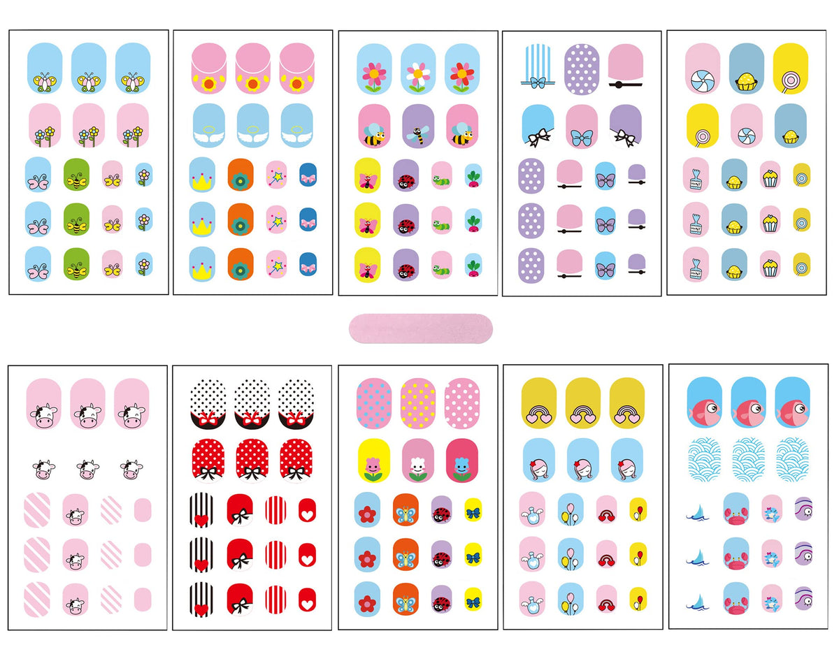 IHUKEIT kids nail stickers pack display showing 10 sheets for quick at-home manicures