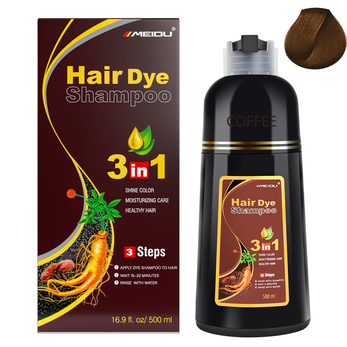 IIIMEIDU hair dye shampoo bottle overview for quick gray coverage.