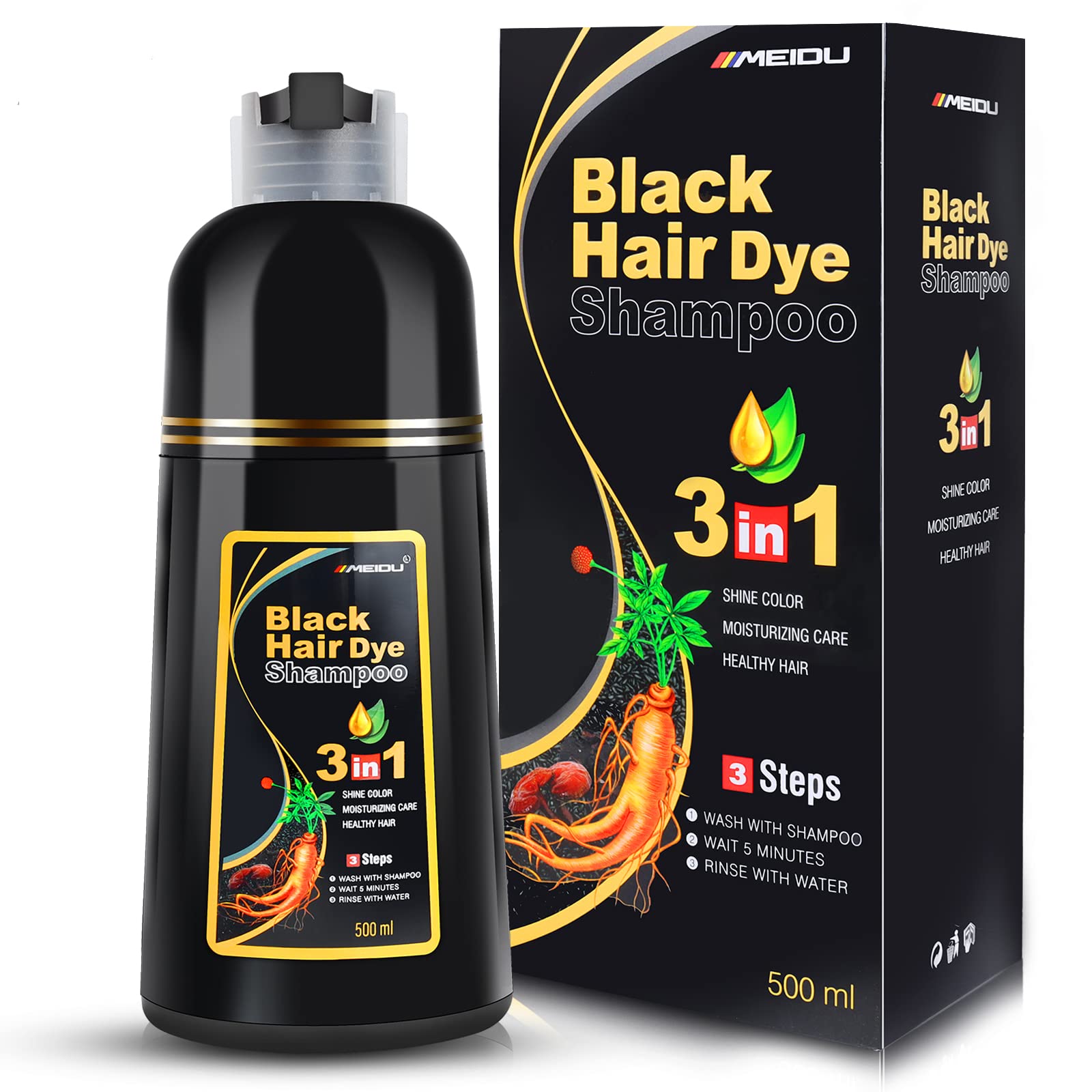 IIIMEIDU MEIDU black hair dye shampoo bottle demonstrates 500ml color-ready formula for gray coverage.