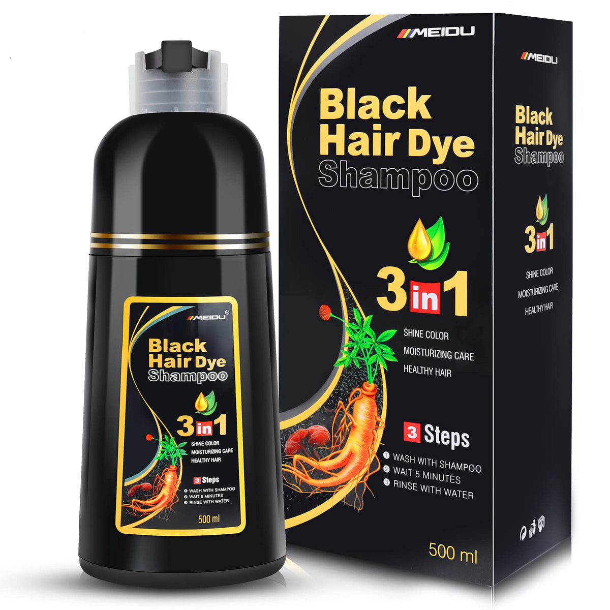 IIIMEIDU MEIDU black hair dye shampoo bottle demonstrates 500ml color-ready formula for gray coverage.