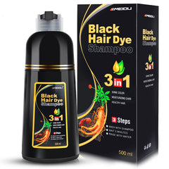 IIIMEIDU MEIDU black hair dye shampoo bottle demonstrates 500ml color-ready formula for gray coverage.