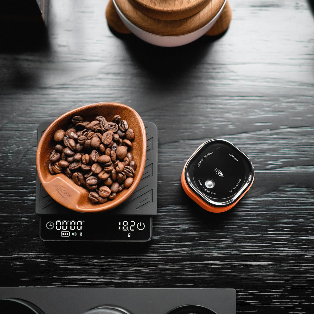 IKAPE espresso tamper 20ml tank demonstrates compact, refillable spray for static control